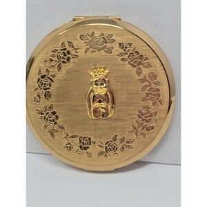 Vintage Stratton England Powder Compact Gold Tone Billiken W/ Rhinestones